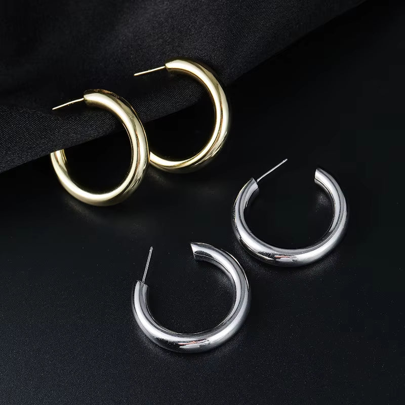 Fashion Chunky Earrings Jewelry 925 Sterling Silver Big Earrings Heavy Chic Punk C Shaped Gold Plated Hoop Earrings Women