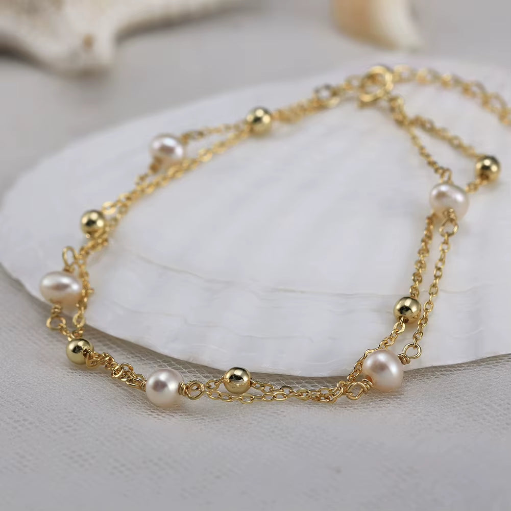 Wholesale 925 Sterling Silver Double Chain Natural Freshwater Pearl Gold Plated Ball Bead Bracelet Jewelry for Women