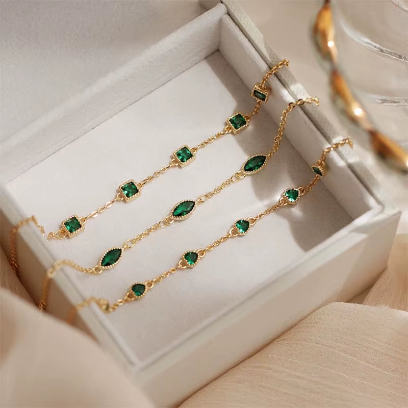 Fashion Fine Jewelry 925 Sterling Silver Green Square Heart Oval Shape Diamond Zircon Gold Plated Bracelets Women