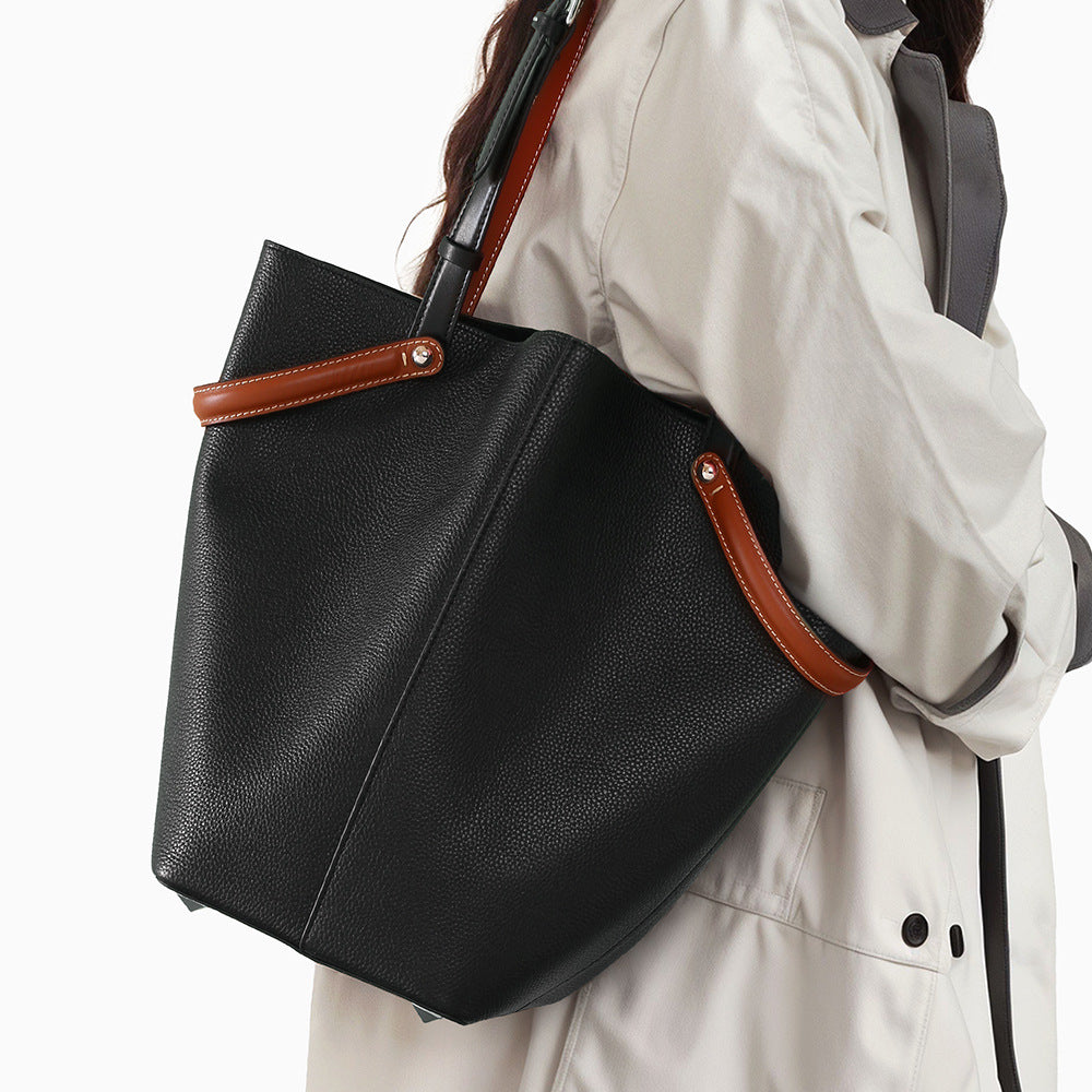 Large Capacity Cowhide Women’s Bucket Tote Bag