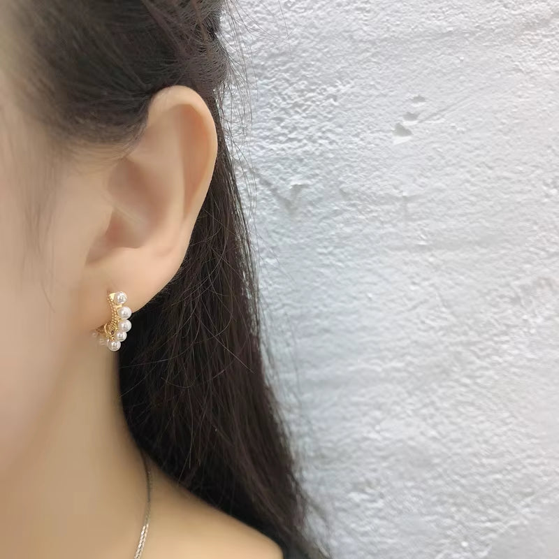 NEW 925 Sterling Silver Full round Pearl Dangling Earrings Hoop Earring for Women