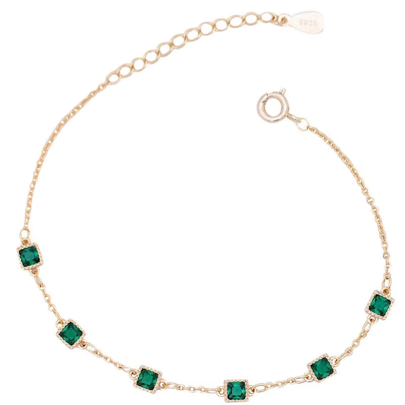 Fashion Fine Jewelry 925 Sterling Silver Green Square Heart Oval Shape Diamond Zircon Gold Plated Bracelets Women