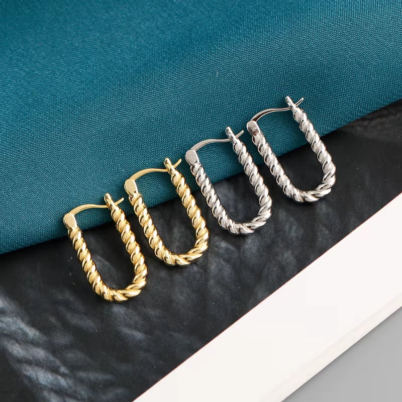 New Fashion Jewelry 925 Sterling Silver Heavy Earrings Simple Punk Style Big U Shape Twist 18K Gold Plated Earrings for Women