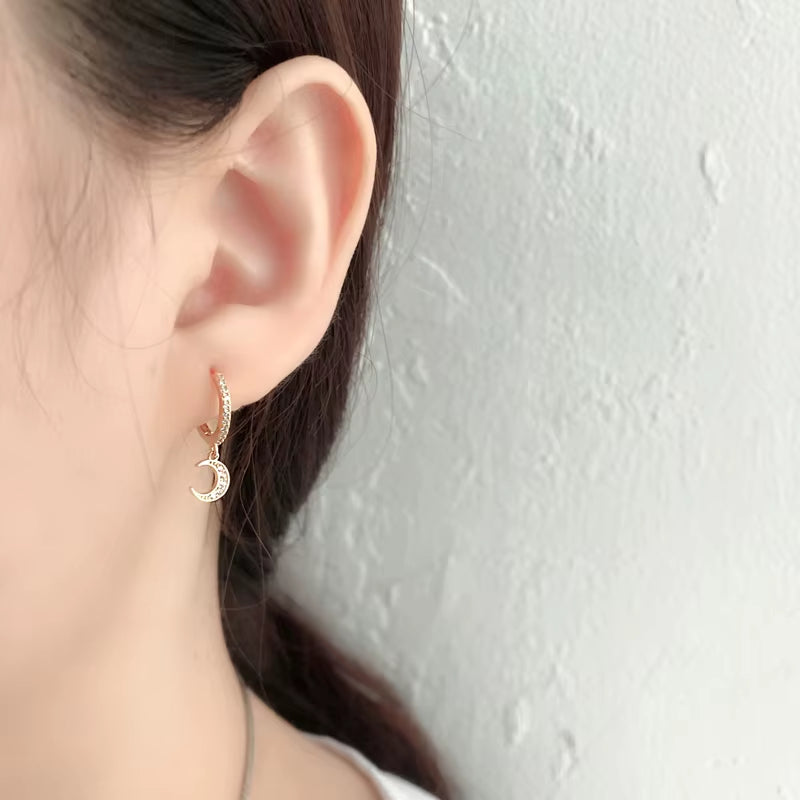 NEW 925 Sterling Silver INS Small Cz Diamond Moon Shape Gold Plated Hoop Earrings for Women