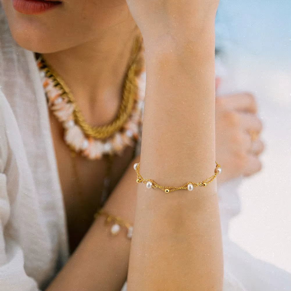 Wholesale 925 Sterling Silver Double Chain Natural Freshwater Pearl Gold Plated Ball Bead Bracelet Jewelry for Women
