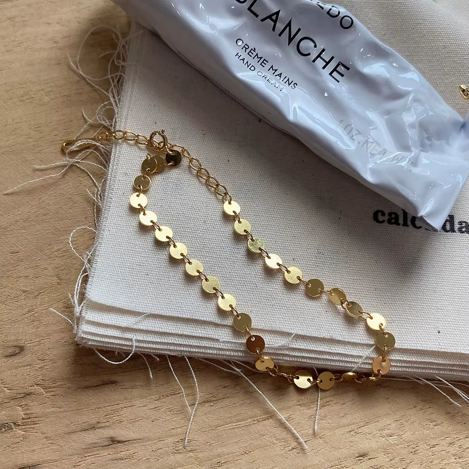 Fashion Minimalist Jewelry 925 Sterling Silver Small round Disc Charm Gold Plated Choker Chain Gold Plated Bracelets