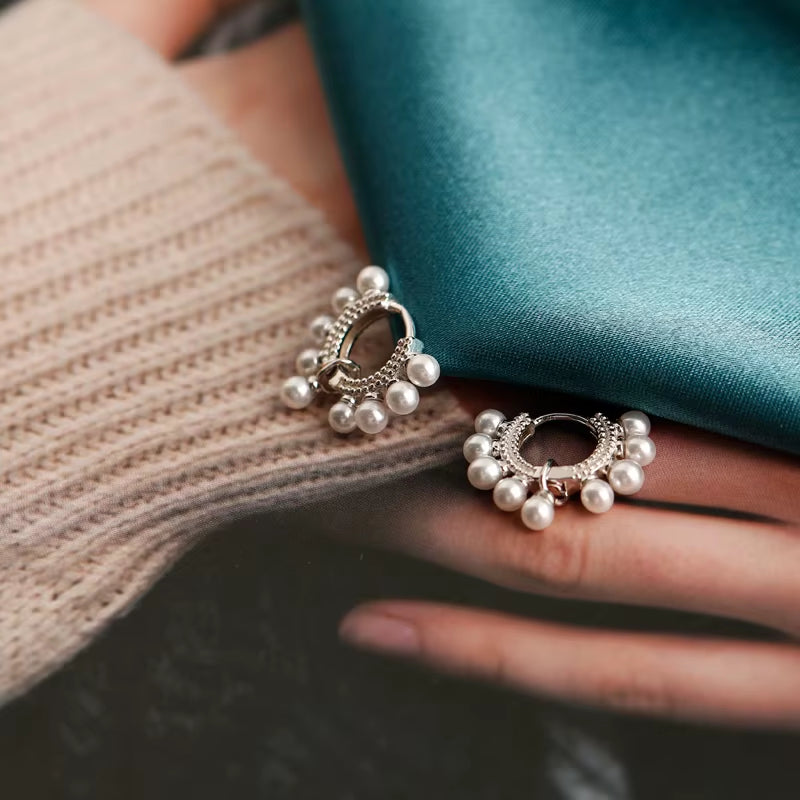 NEW 925 Sterling Silver Full round Pearl Dangling Earrings Hoop Earring for Women