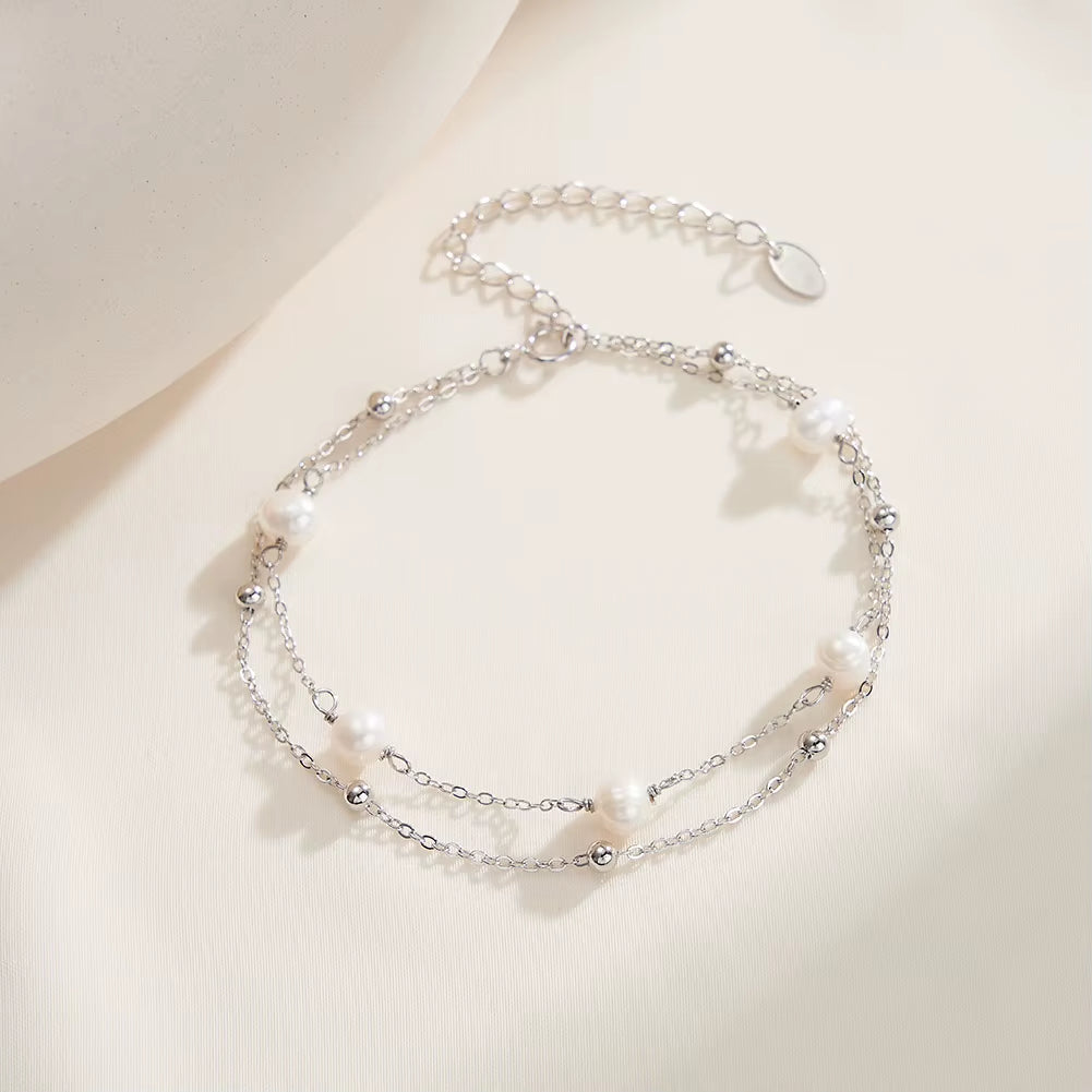 Wholesale 925 Sterling Silver Double Chain Natural Freshwater Pearl Gold Plated Ball Bead Bracelet Jewelry for Women