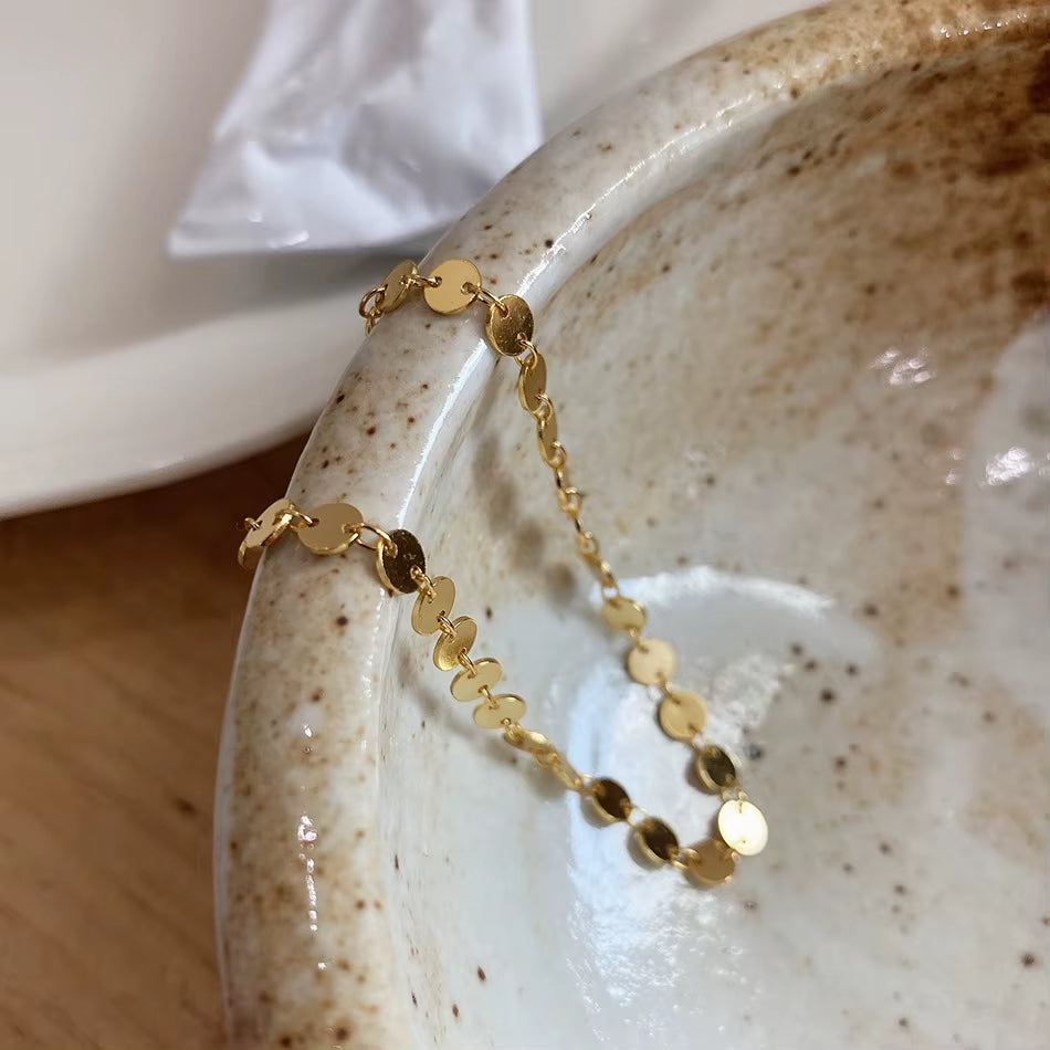 Fashion Minimalist Jewelry 925 Sterling Silver Small round Disc Charm Gold Plated Choker Chain Gold Plated Bracelets