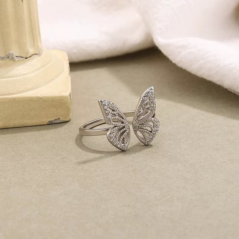 925 Sterling Silver Resizable Butterfly Rings Luxury Diamond Wedding Rings for Women Gold Plated Adjustable Rings Jewelry