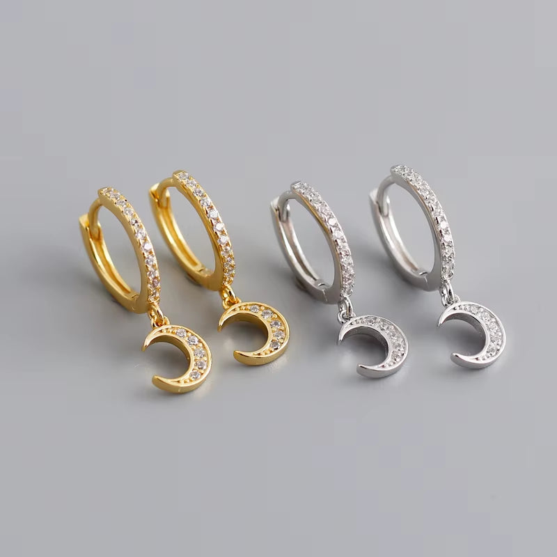 NEW 925 Sterling Silver INS Small Cz Diamond Moon Shape Gold Plated Hoop Earrings for Women