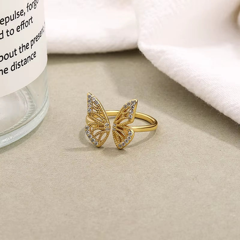 925 Sterling Silver Resizable Butterfly Rings Luxury Diamond Wedding Rings for Women Gold Plated Adjustable Rings Jewelry