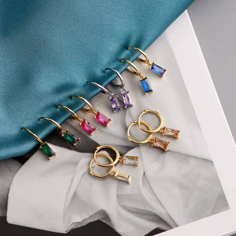 2024 Fashion 925 Sterling Silver Fashion Rectangular Blue White Red Turquoise Diamond Zirconia Hoop Earrings for Women