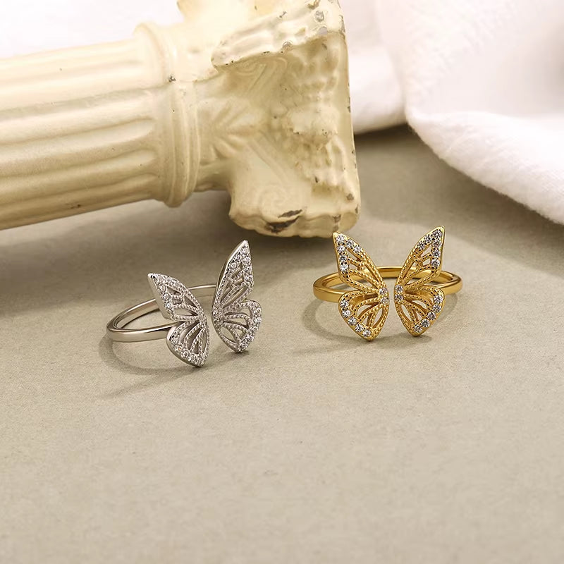 925 Sterling Silver Resizable Butterfly Rings Luxury Diamond Wedding Rings for Women Gold Plated Adjustable Rings Jewelry