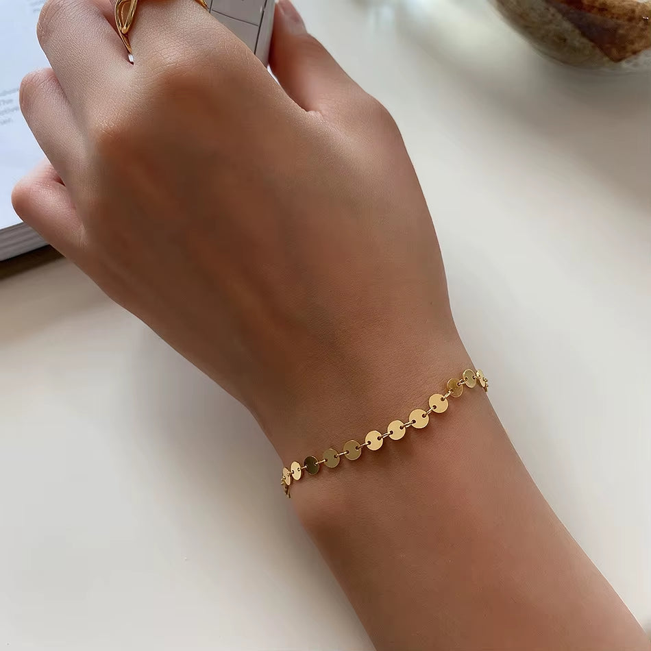 Fashion Minimalist Jewelry 925 Sterling Silver Small round Disc Charm Gold Plated Choker Chain Gold Plated Bracelets