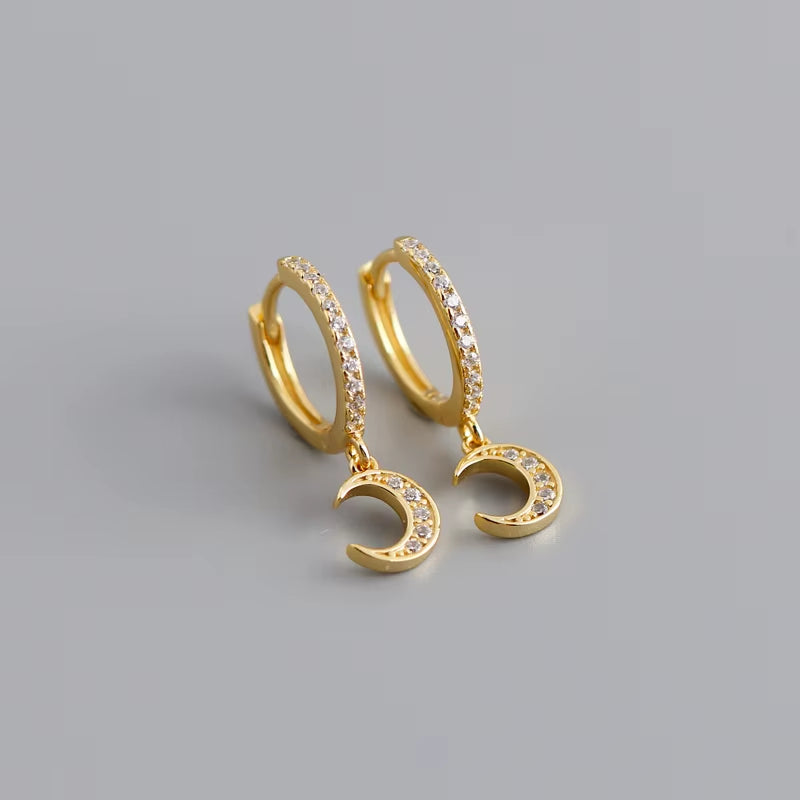 NEW 925 Sterling Silver INS Small Cz Diamond Moon Shape Gold Plated Hoop Earrings for Women