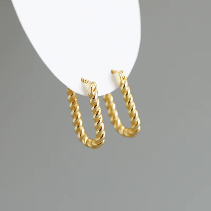 New Fashion Jewelry 925 Sterling Silver Heavy Earrings Simple Punk Style Big U Shape Twist 18K Gold Plated Earrings for Women