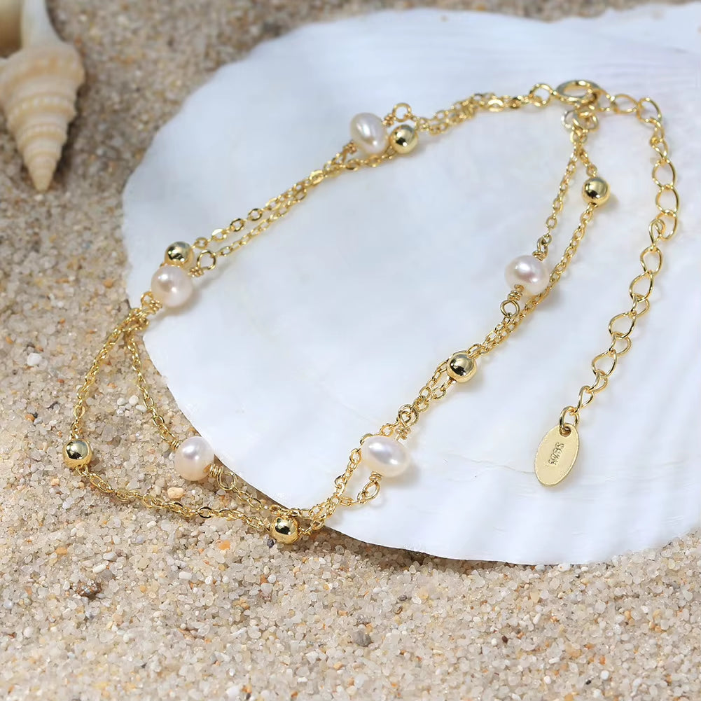 Wholesale 925 Sterling Silver Double Chain Natural Freshwater Pearl Gold Plated Ball Bead Bracelet Jewelry for Women