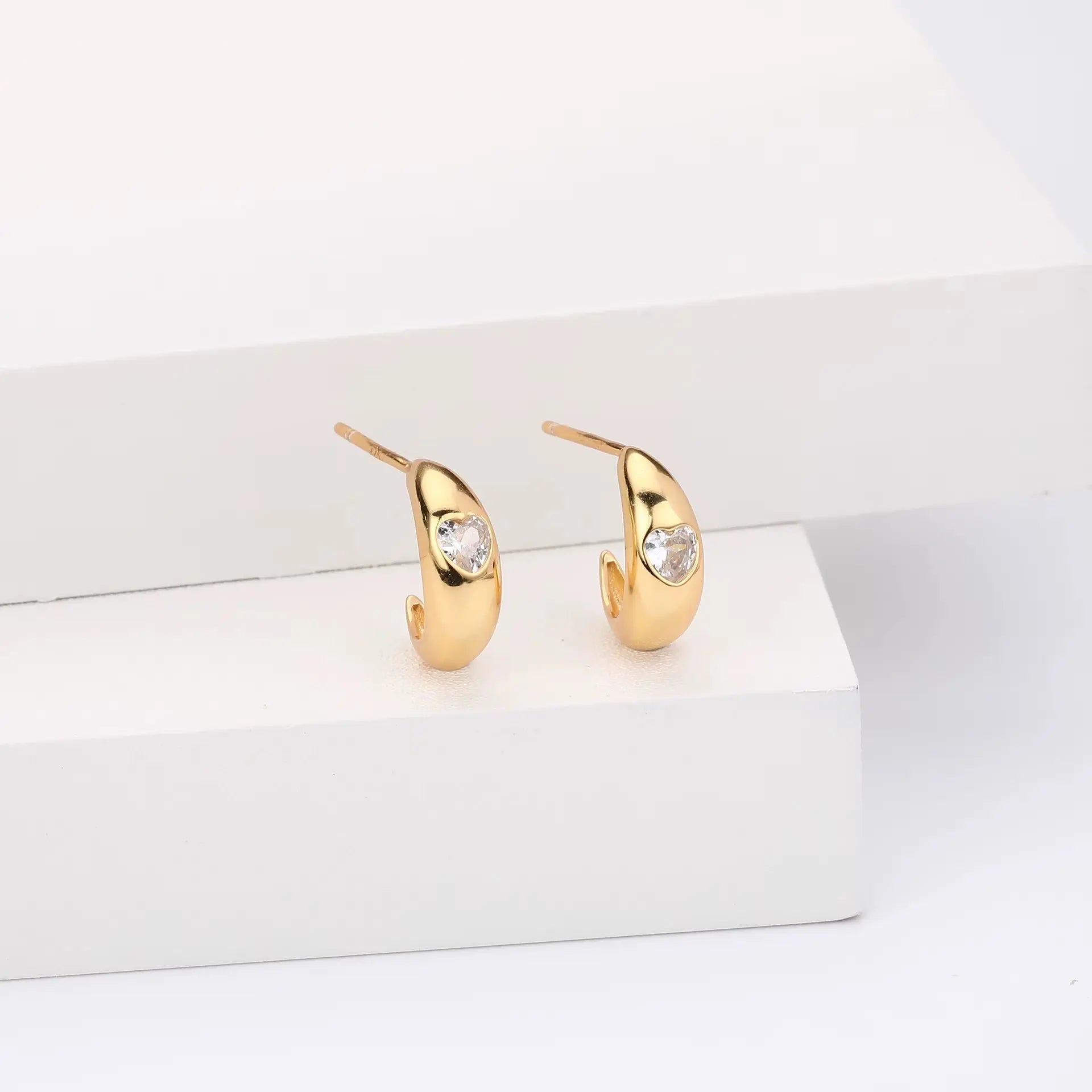 Gold Plated Sterling Silver C-Shaped Heart Zircon Earrings