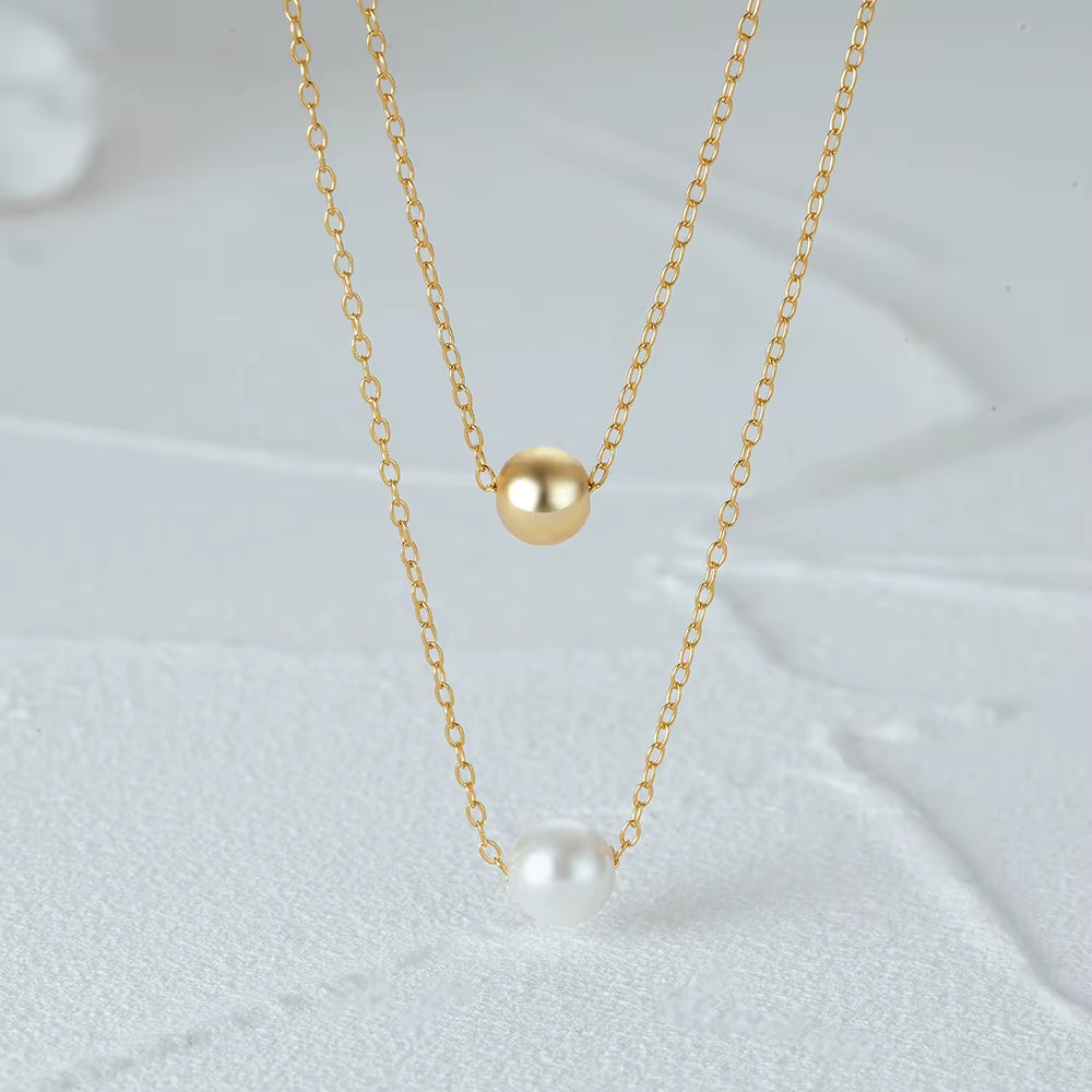 Fashion Jewelry 925 Sterling Silver Necklaces Pearl round Bead Double Layer Chain Gold Plated Necklace for Women