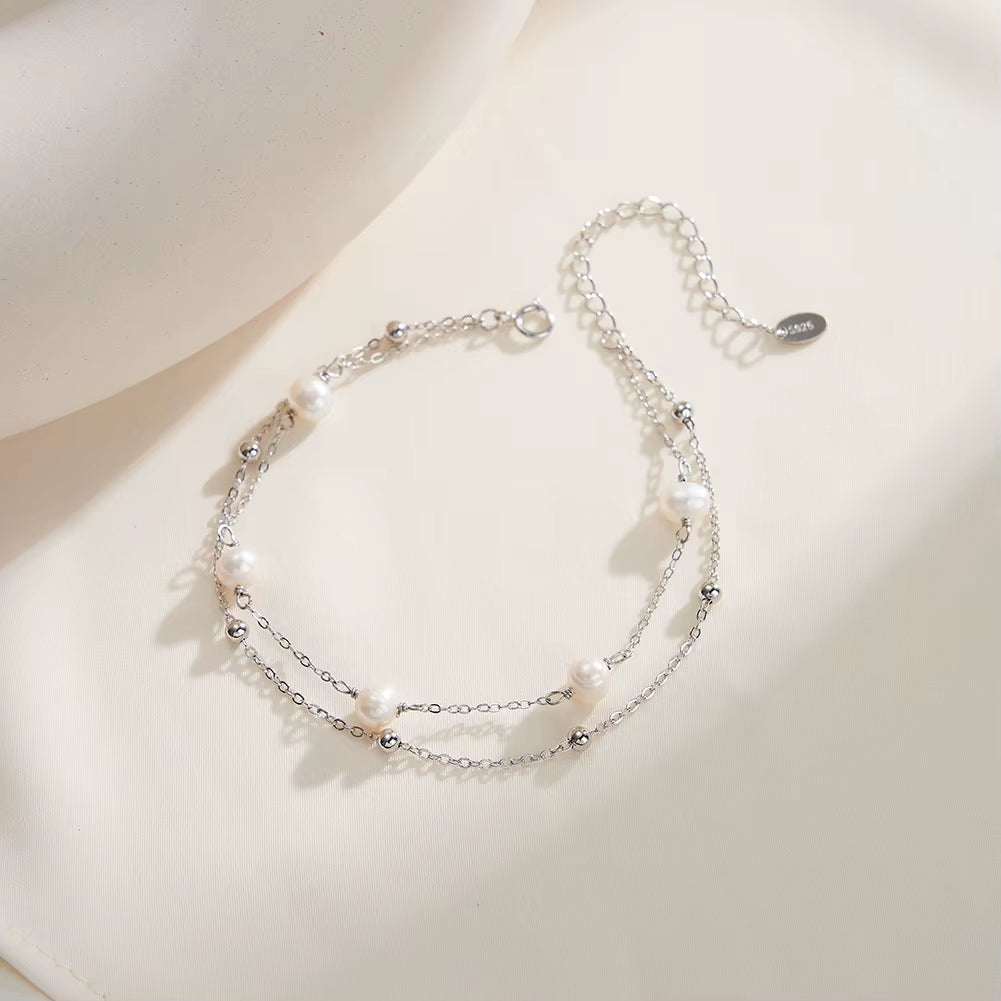 Wholesale 925 Sterling Silver Double Chain Natural Freshwater Pearl Gold Plated Ball Bead Bracelet Jewelry for Women