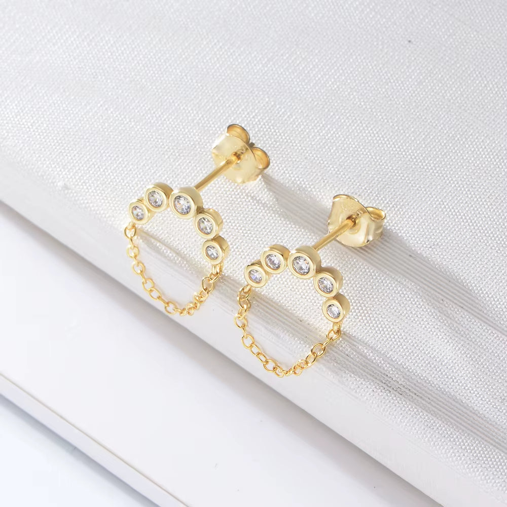 925 Sterling Silver Earrings a Bar Zircon Tassel Chain Gold Plated Stud Earrings for Women Tassel Earrings
