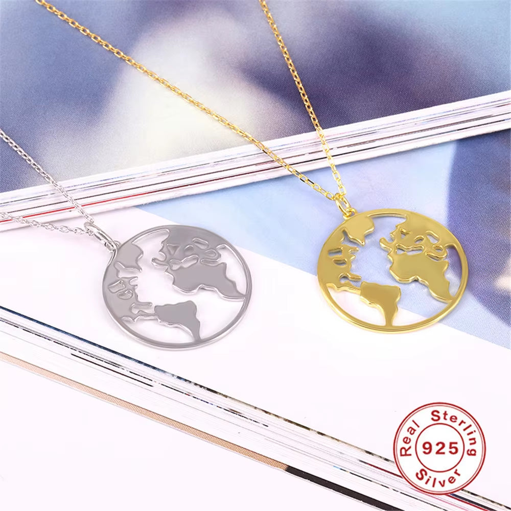 New Fashion Jewelry Trends 925 Sterling Silver Custom Necklace Earth Map Pendant Necklace Chain 18K Gold Necklace for Women