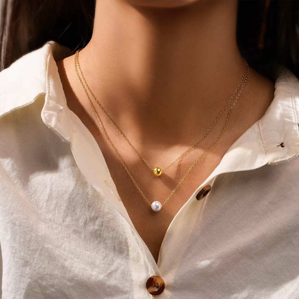 Fashion Jewelry 925 Sterling Silver Necklaces Pearl round Bead Double Layer Chain Gold Plated Necklace for Women