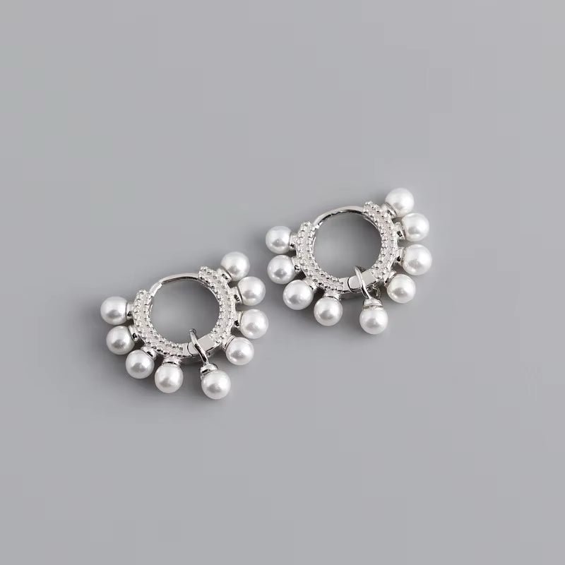 NEW 925 Sterling Silver Full round Pearl Dangling Earrings Hoop Earring for Women