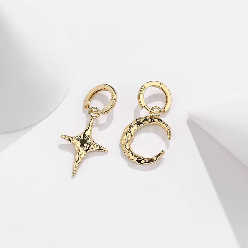 Wholesale 925 Silver Earrings Women 925 Sterling Silver Moon and Star Drop Hoop Earrings Gold Plated Drop Earrings Jewelry