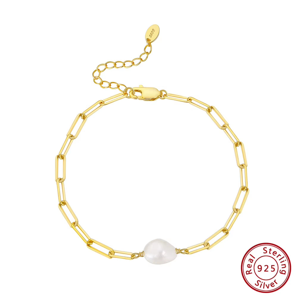 925 Silver Freshwater Pearl Bracelet Baroque Culture Paperclip Figaro Chain Link Chain Gold Plated Dainty Pearl Bracelets