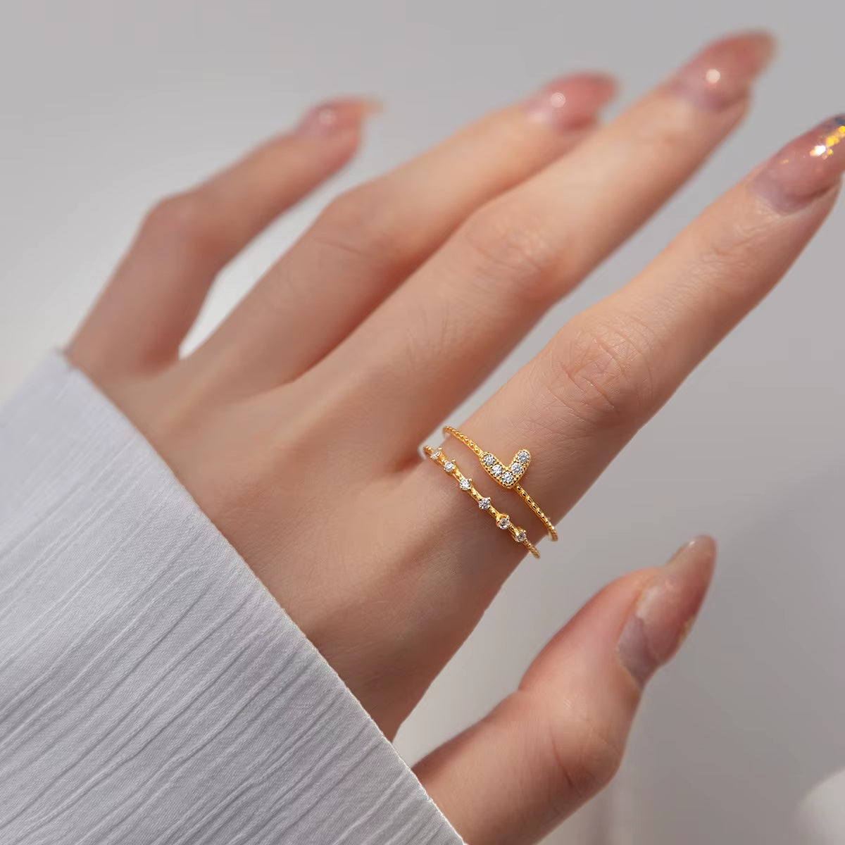 Fashion Jewelry 925 Sterling Silver Double Layers Heart Mini Diamond Gold Plated Open Rings for Women
