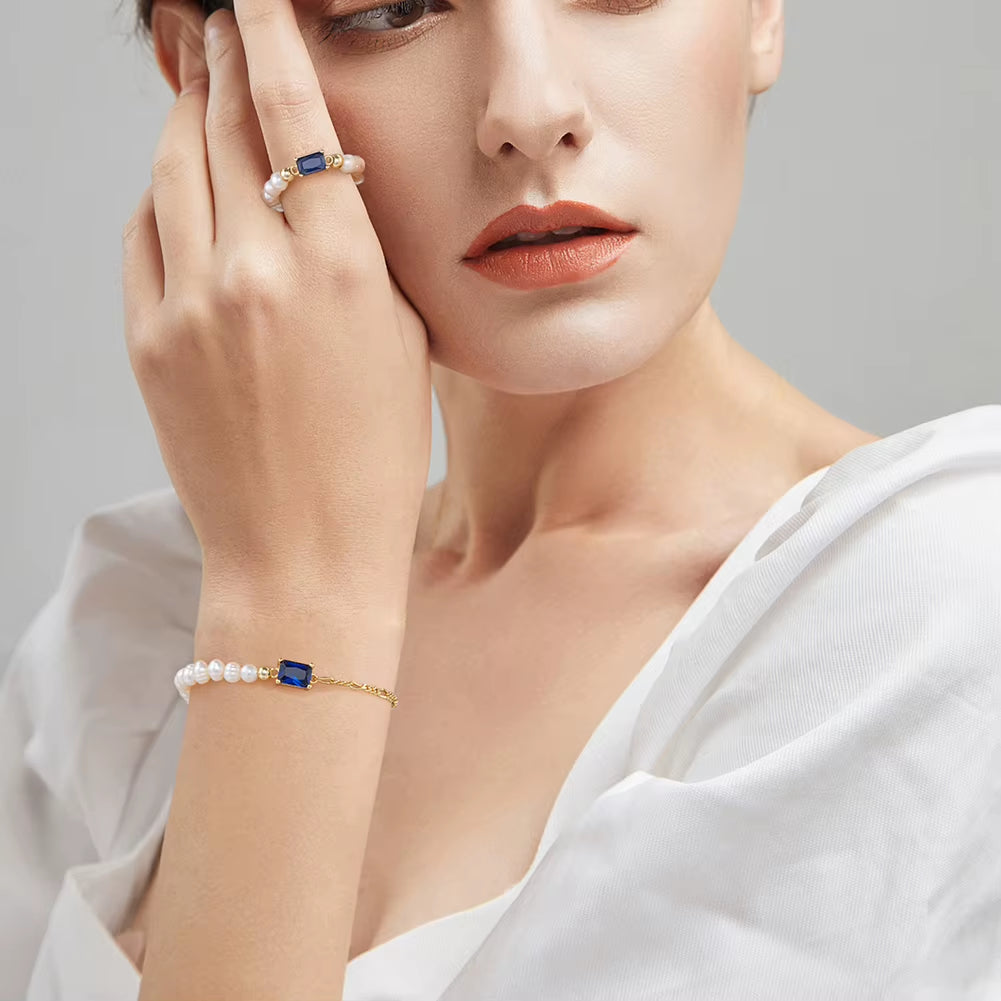 Dropshipping 925 Sterling Silver Square Multi Color Zircon with Natural Freshwater Pearl Ring Jewelry for Women