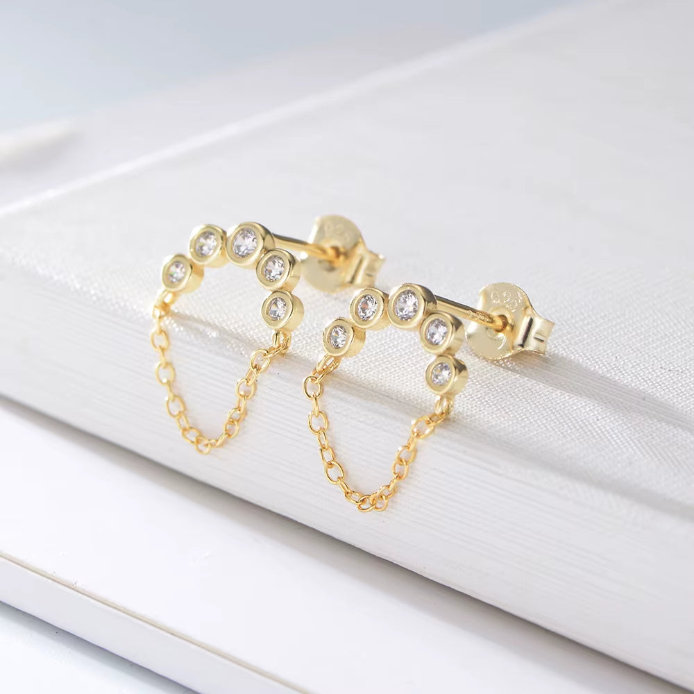 925 Sterling Silver Earrings a Bar Zircon Tassel Chain Gold Plated Stud Earrings for Women Tassel Earrings