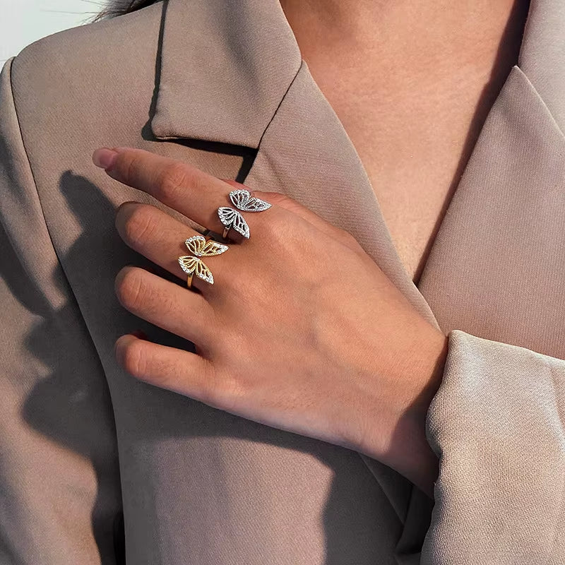 925 Sterling Silver Resizable Butterfly Rings Luxury Diamond Wedding Rings for Women Gold Plated Adjustable Rings Jewelry