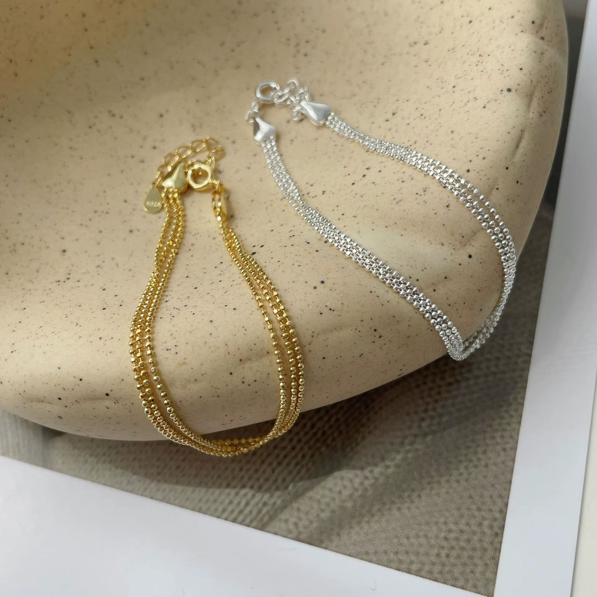 Wholesale 925 Silver Chain Bracelet Jewelry Sparkling Layered Wear Sterling Silver Simple Beads Three Layer Bracelet Women