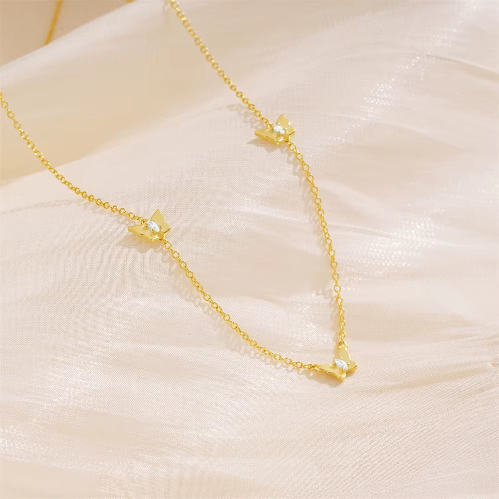 Fashion Jewelry Necklace 925 Sterling Silver Butterfly Zircon Charm Necklace Three Butterflies Gold Plated Necklace Women