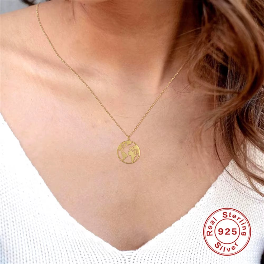 New Fashion Jewelry Trends 925 Sterling Silver Custom Necklace Earth Map Pendant Necklace Chain 18K Gold Necklace for Women