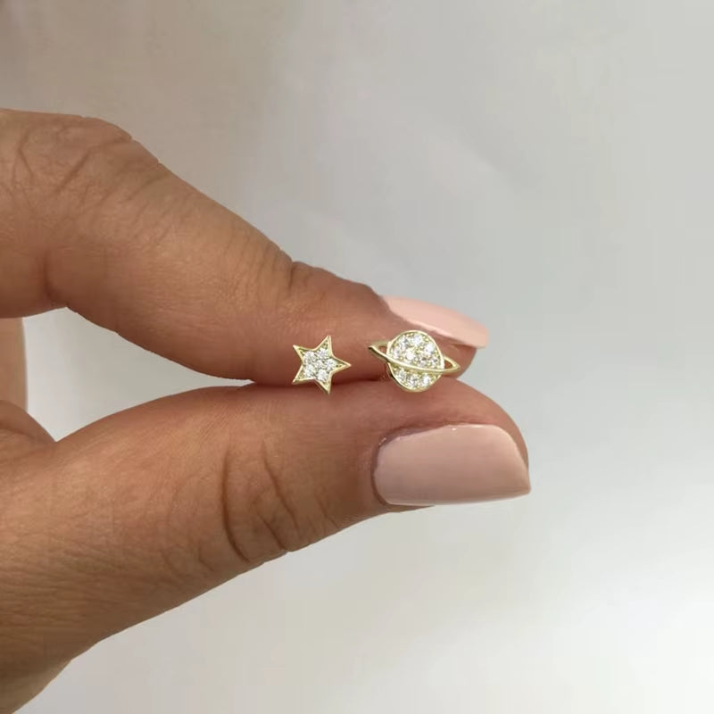 2022 NEW 925 Sterling Silver INS Minimalist Planet and Star Shape with Cz Gold Plated Stud Earrings for Women