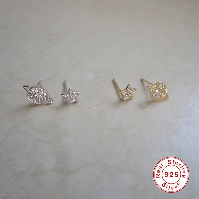 2022 NEW 925 Sterling Silver INS Minimalist Planet and Star Shape with Cz Gold Plated Stud Earrings for Women