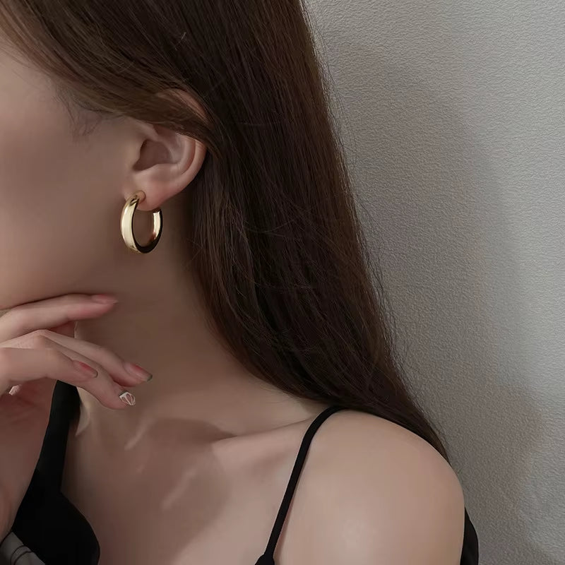 Fashion Chunky Earrings Jewelry 925 Sterling Silver Big Earrings Heavy Chic Punk C Shaped Gold Plated Hoop Earrings Women