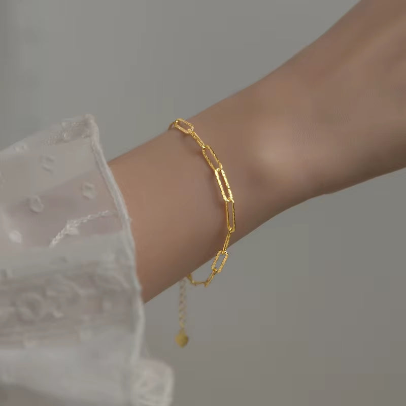 Fashion Minimalist Jewelry 925 Sterling Silver Paper Clip Chain Square Shape Gold Plated Bracelets for Women