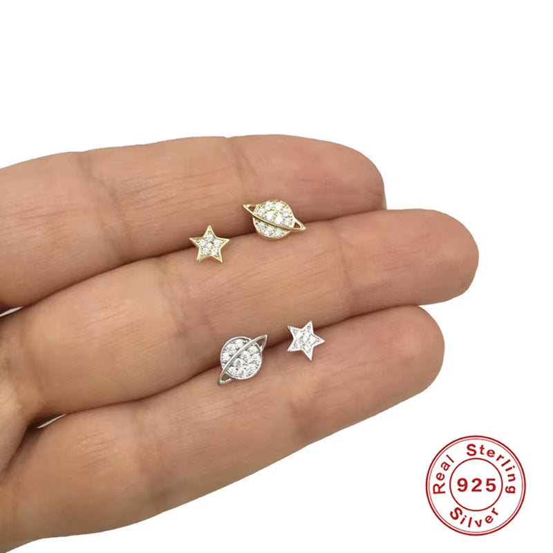 2022 NEW 925 Sterling Silver INS Minimalist Planet and Star Shape with Cz Gold Plated Stud Earrings for Women