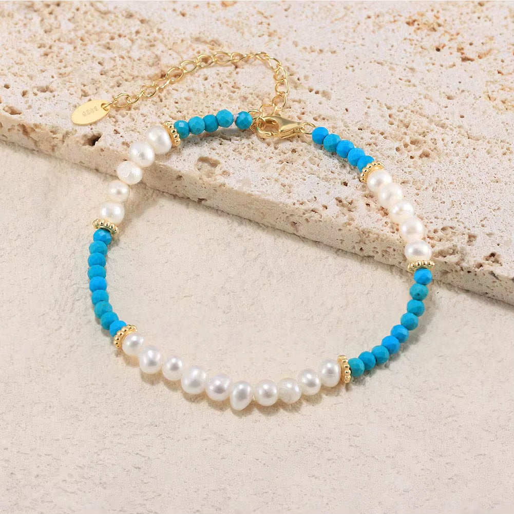 2024 NEW Fashion 925 Sterling Silver Natural Freshwater Pearl with Turquoise Stone Gold Plated Bracelet Jewelry for Women Girls