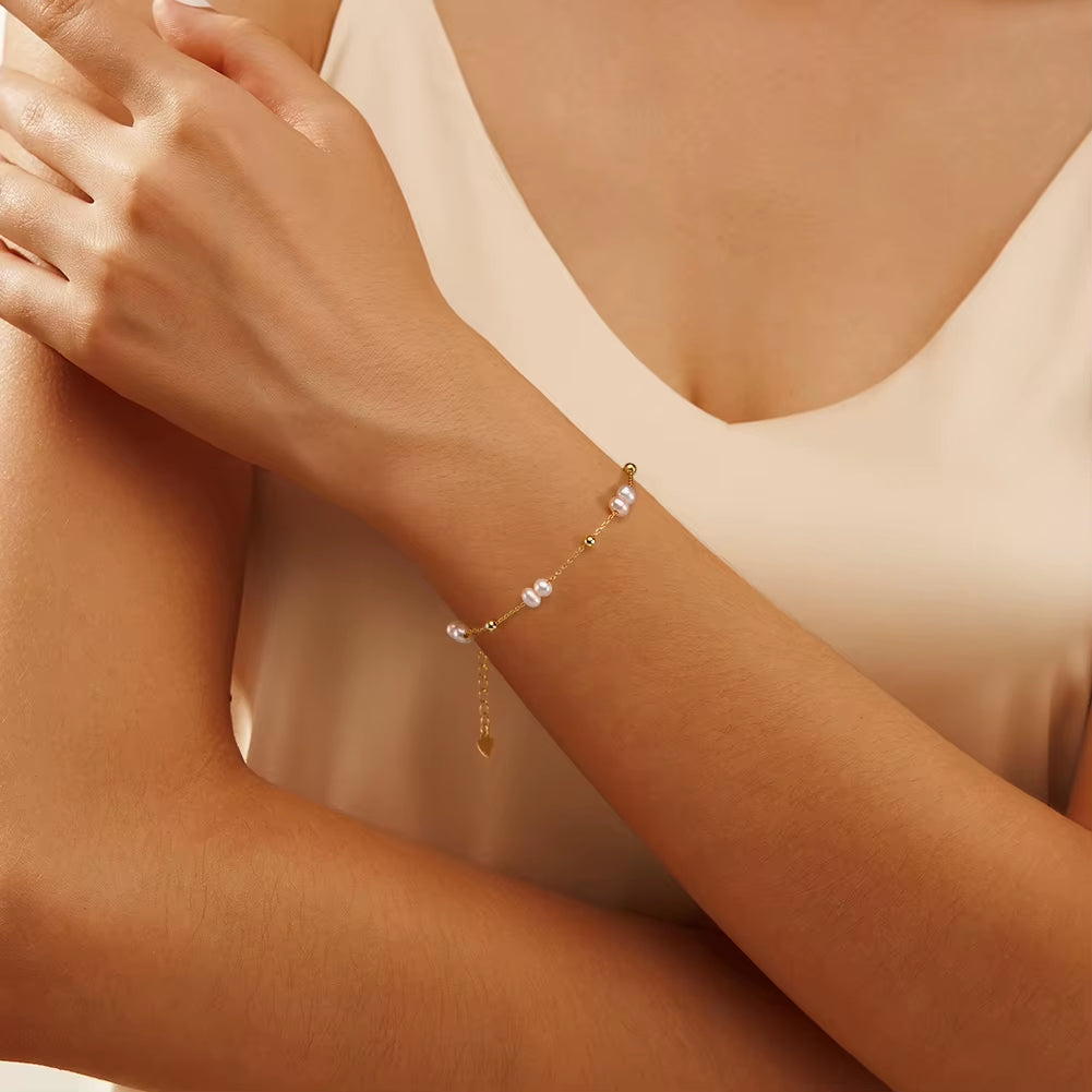 Fashion 925 Sterling Silver Natural Freshwater Pearl Gold Plated Ball Bead Bracelet Jewelry for Women