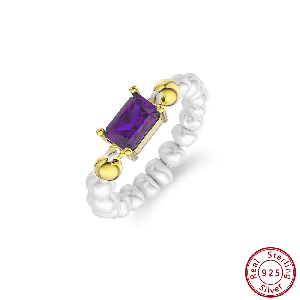 Dropshipping 925 Sterling Silver Square Multi Color Zircon with Natural Freshwater Pearl Ring Jewelry for Women