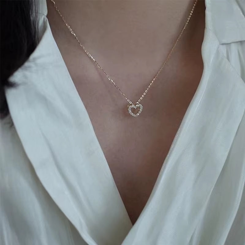 Fashion 925 Sterling Silver Hollowed Love Heart Zircon Pendant Gold Plated Necklaces for Women Valentine'S Day Present