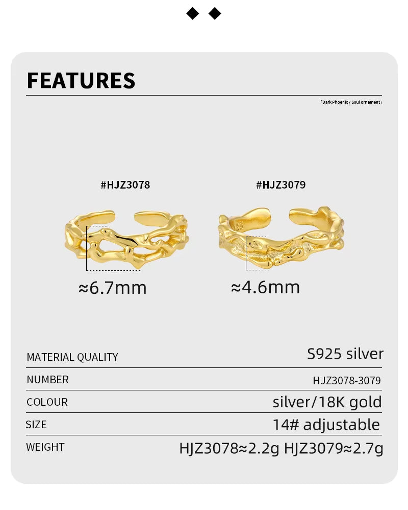 New Fashion 925 Silver Rings Jewelry Women 18K Gold Plated 925 Sterling Silver Luxury Lava Texture Adjustable Rings for Women