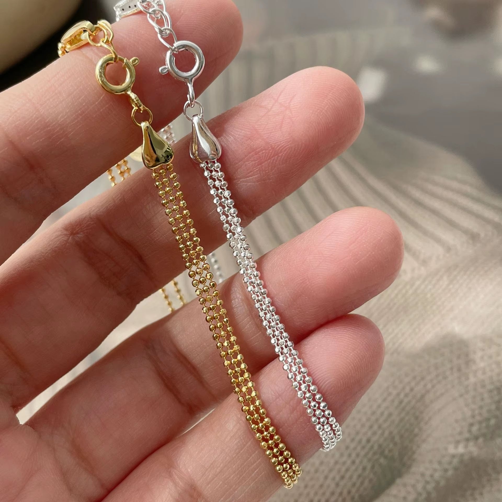 Wholesale 925 Silver Chain Bracelet Jewelry Sparkling Layered Wear Sterling Silver Simple Beads Three Layer Bracelet Women