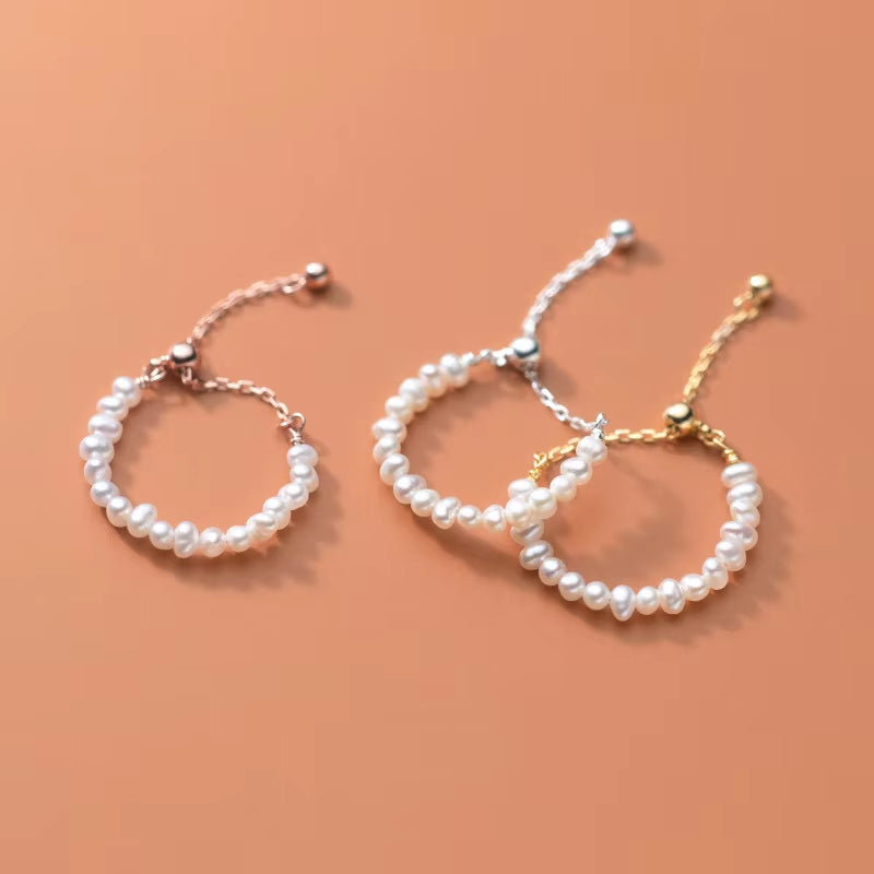 Fashion Jewelry 925 Sterling Silver Pearl Ring Real Natural Small Pearls Gold Plated Bead Ball Adjustable Rings for Women
